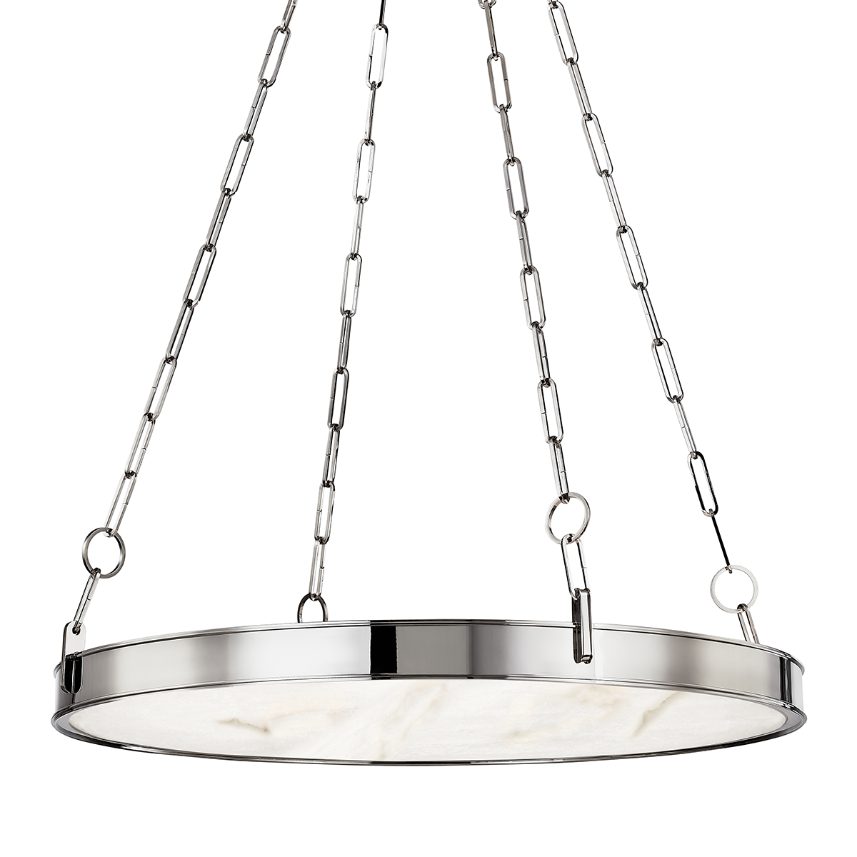 Kirby Chandelier 30" x 3.5" in polished nickel shown from a second angle to highlight the frame, arms, and shade detail.