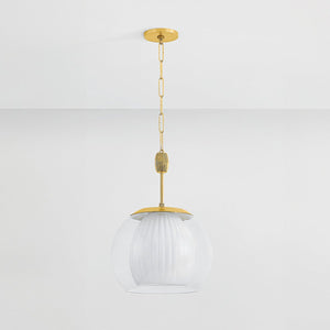 Clementon Pendant 17" in aged brass shown from the front to reveal the shade shape and metal detail.