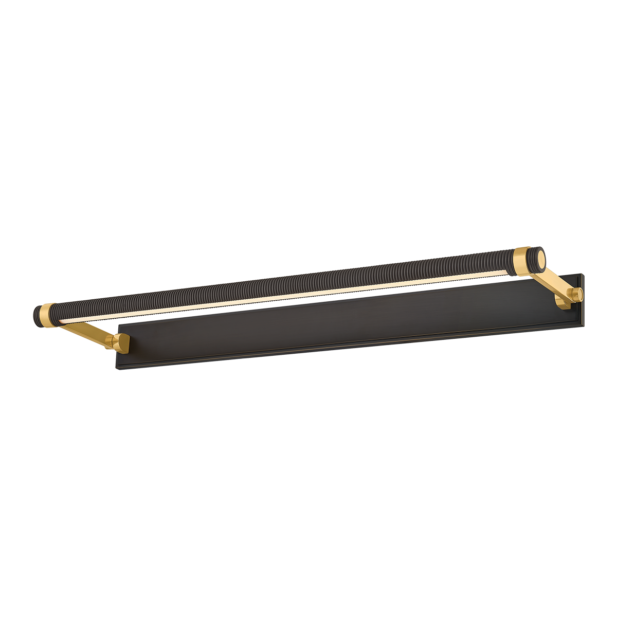 Duell Picture Light 30" in aged brass shown from a second angle to highlight the arm curve and shade proportion.