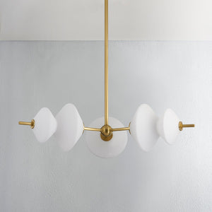 Barrow Chandelier in aged brass shown from a second angle to highlight the frame, arms, and shade detail.