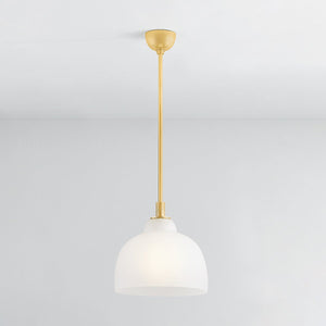 Oberon Pendant 14" in aged brass shown from the front to reveal the shade shape and metal detail.