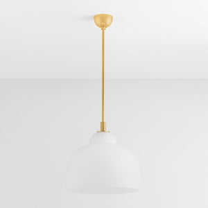 Oberon Pendant 18" in aged brass shown from a second angle to highlight the shade shape and metal detail.