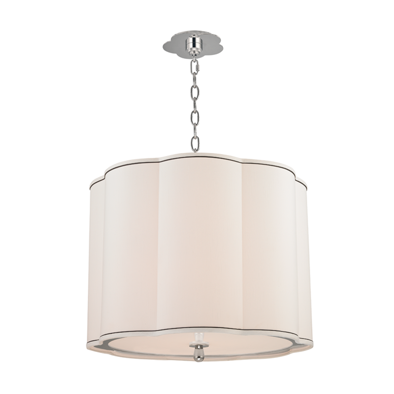 Sweeny Pendant 20" in polished nickel shown from a second angle to highlight the shade shape and metal detail.
