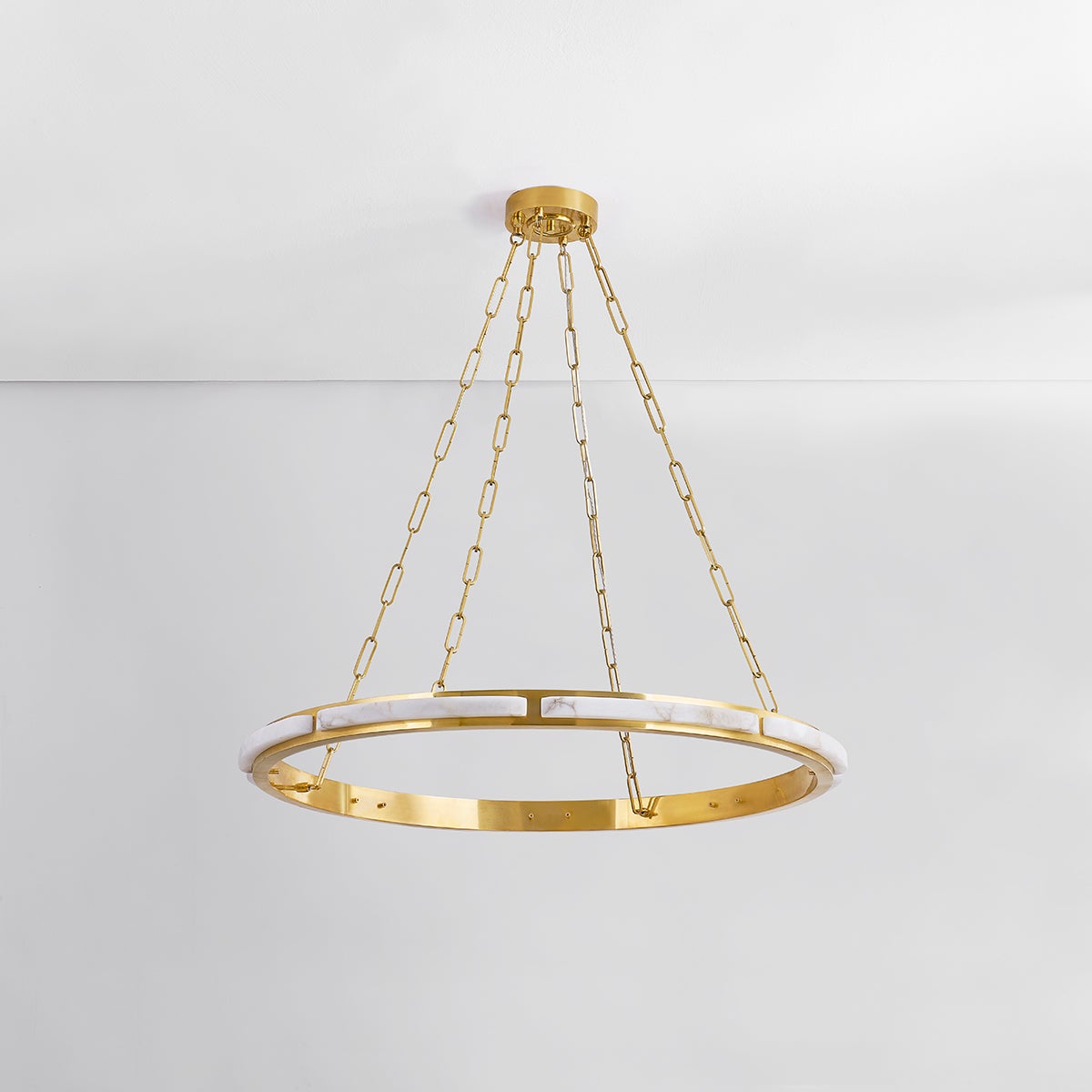 Wingate Chandelier 36" in aged brass shown from a second angle to highlight the frame, arms, and shade detail.