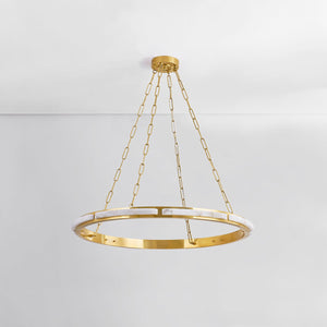 Wingate Chandelier 36" in aged brass shown from a second angle to highlight the frame, arms, and shade detail.