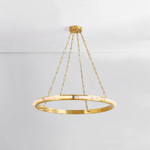 Wingate Chandelier 36" in aged brass shown from the front to reveal the frame, arms, and shade detail.