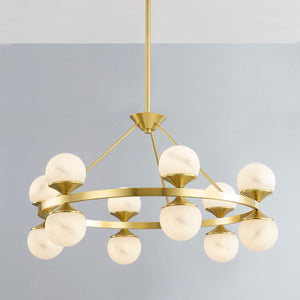 Grafton Chandelier 34" in aged brass shown from the front to reveal the frame, arms, and shade detail.