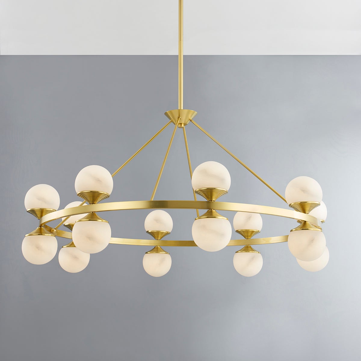 Grafton Chandelier 46" in aged brass shown from the front to reveal the frame, arms, and shade detail.