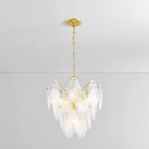 Close-up of the Darcia Chandelier 18" in aged brass showing the frame, arms, and shade detail.