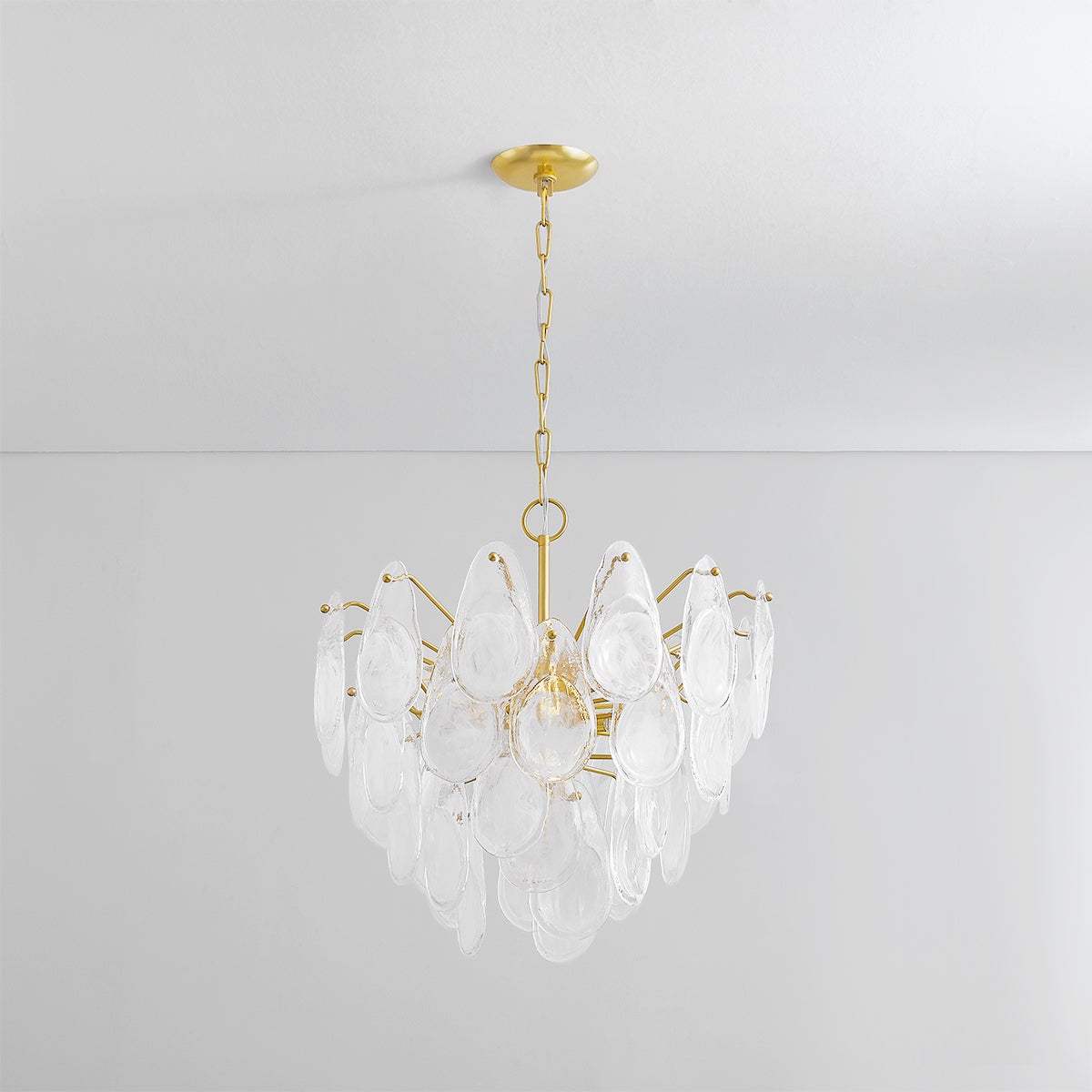 Darcia Chandelier 24" in aged brass shown from the front to reveal the frame, arms, and shade detail.