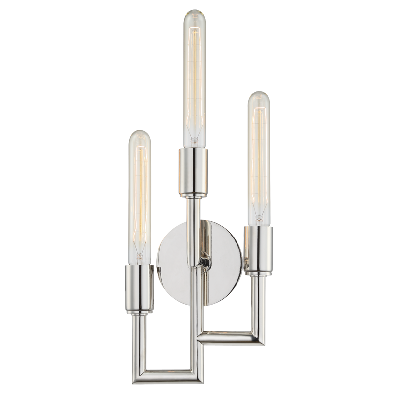 Angler Wall Sconce in polished nickel shown from a second angle to highlight the arm curve and shade silhouette.