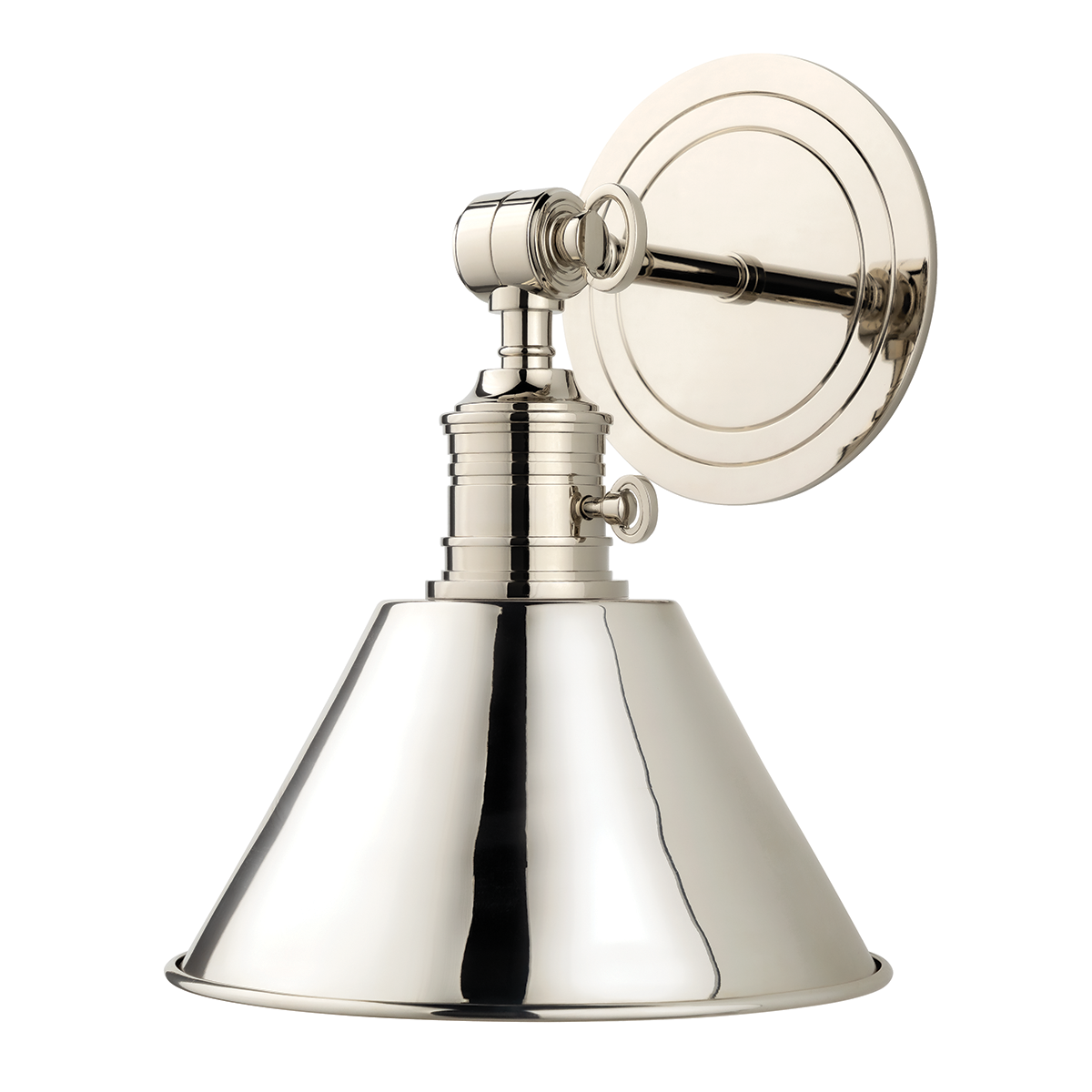 Close-up of the Garden City Wall Sconce 8" x 11" in polished nickel showing the arm curve and shade silhouette.