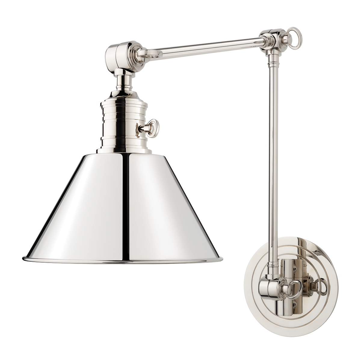 Close-up of the Garden City Wall Sconce 8" x 23" in polished nickel showing the arm curve and shade silhouette.