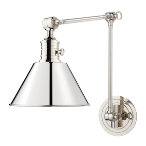 Close-up of the Garden City Wall Sconce 8" x 23" in polished nickel showing the arm curve and shade silhouette.