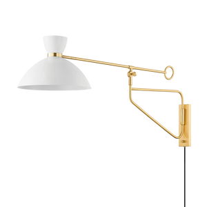 Cranbrook Plug-In Sconce in aged brass shown from a second angle to highlight the arm profile and shade silhouette.