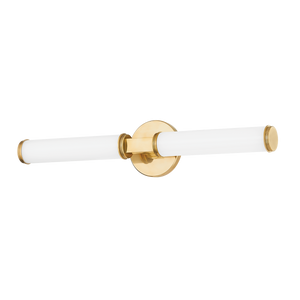 Cromwell Wall Sconce 4.75" x 22.75" in aged brass shown from the front to reveal the arm curve and shade silhouette.