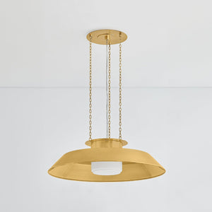 Woodrow Pendant 32" in aged brass shown from the front to reveal the shade shape and metal detail.