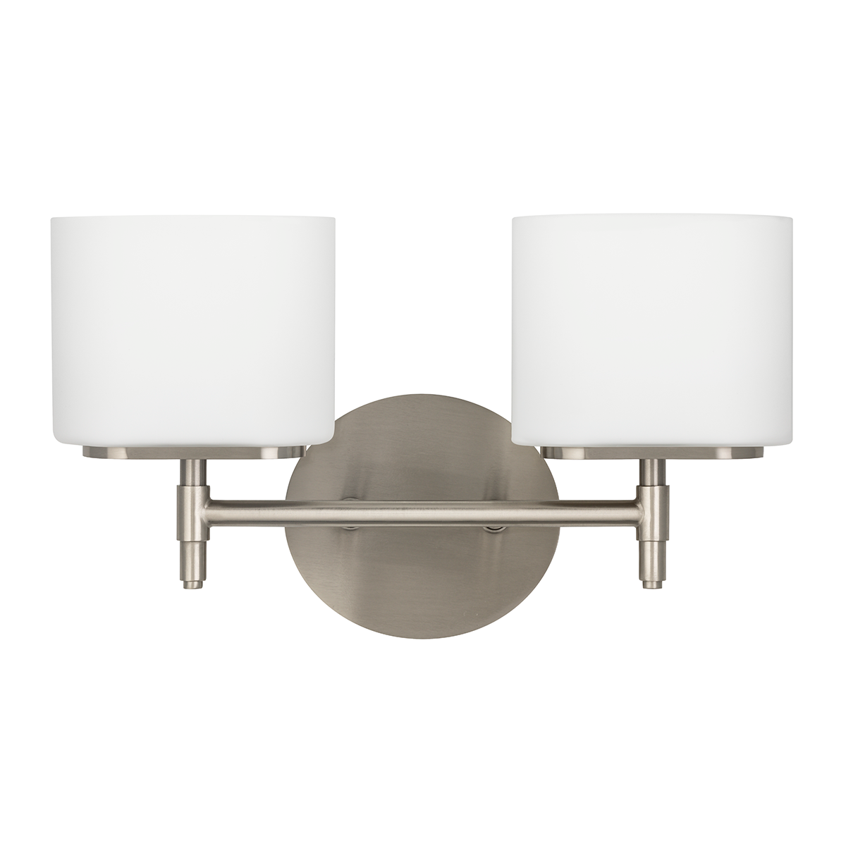 Trinity Bath And Vanity 13.75" in satin nickel shown from a second angle to highlight the arm spread and shade silhouette.