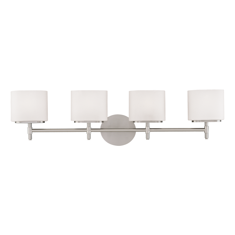 Trinity Bath And Vanity 30.75" in satin nickel shown from a second angle to highlight the arm spread and shade silhouette.