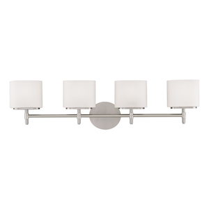 Trinity Bath And Vanity 30.75" in satin nickel shown from a second angle to highlight the arm spread and shade silhouette.