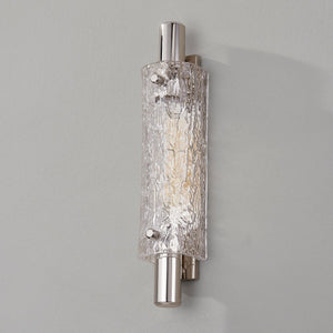 Close-up of the Harwich Wall Sconce 3.5" x 18" in polished nickel showing the arm curve and shade silhouette.