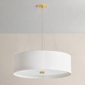 Ashland Pendant 32" in aged brass shown from the front to reveal the shade shape and metal detail.