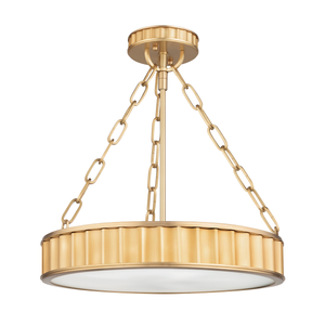 Close-up of the Middlebury Semi Flush 15.5" in aged brass showing the shade profile and mounting canopy.