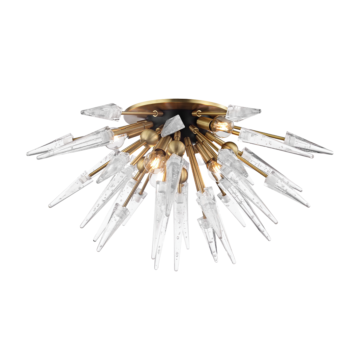 Sparta Semi Flush in aged brass shown from a second angle to highlight the shade profile and mounting canopy.