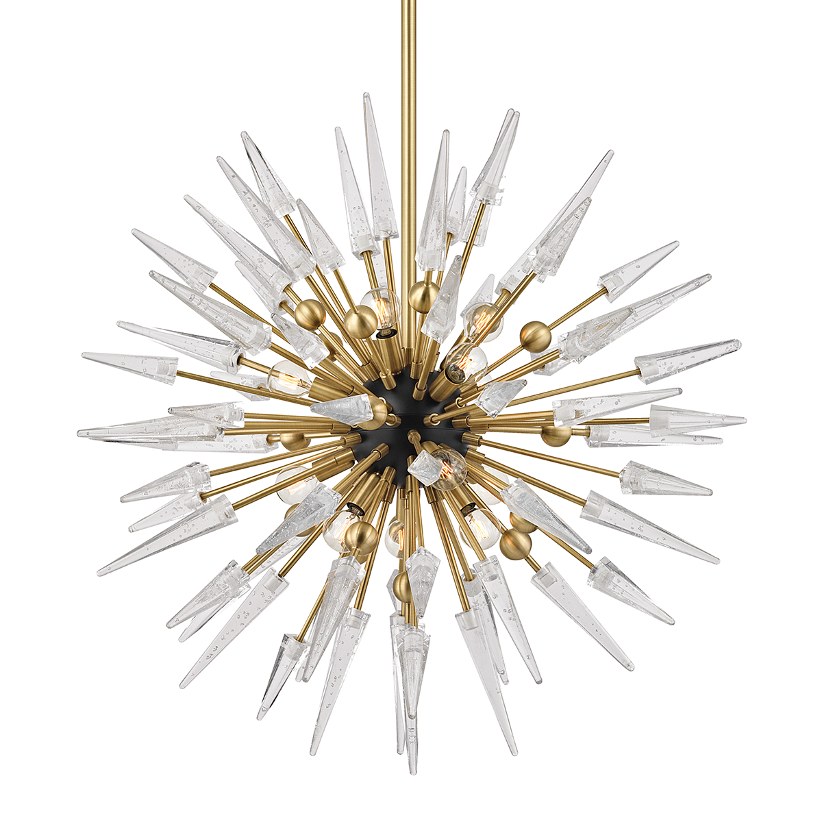 Sparta Chandelier 32" x 32" in aged brass shown from the front to reveal the frame, arms, and shade detail.