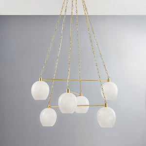 Asbury Park Chandelier 38" in aged brass shown from the front to reveal the frame, arms, and shade detail.