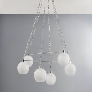 Close-up of the Asbury Park Chandelier 38" in polished nickel showing the frame, arms, and shade detail.