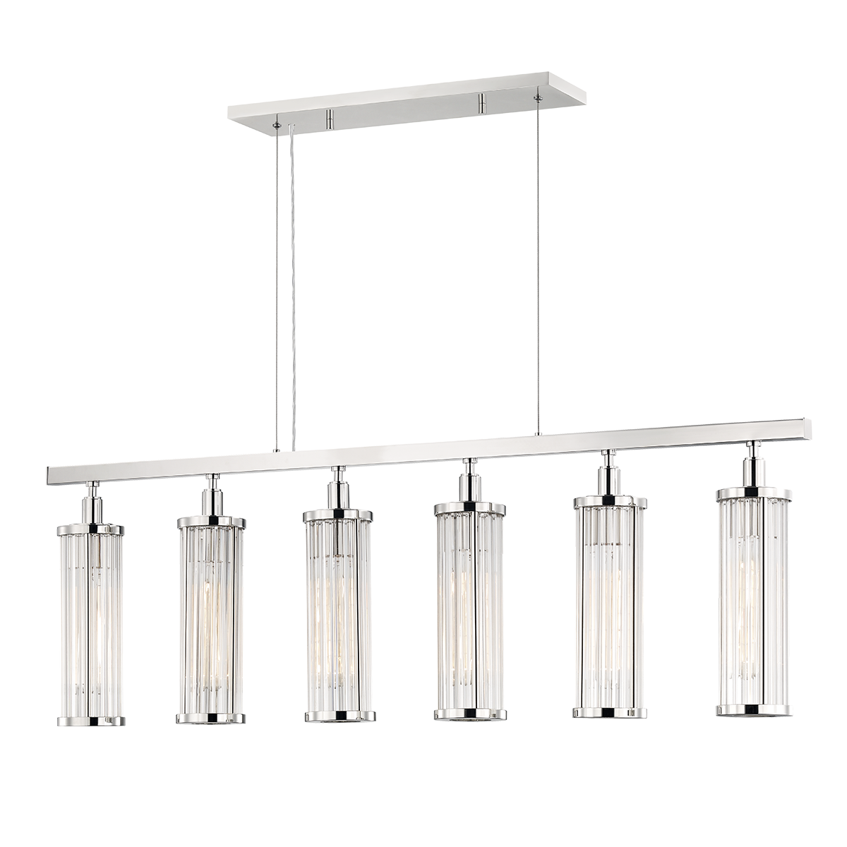 Marley Linear in polished nickel shown from a second angle to highlight the extended frame and shade array.