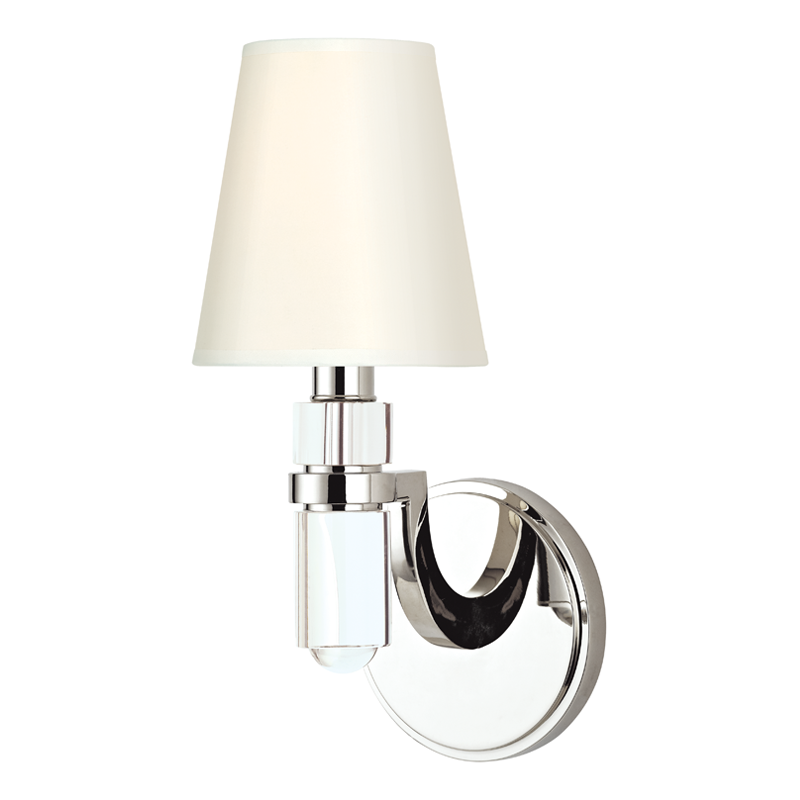 Dayton Wall Sconce 5" in polished nickel shown from a second angle to highlight the arm curve and shade silhouette.