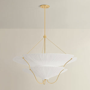 Gerhard Chandelier in aged brass shown from the front to reveal the frame, arms, and shade detail.