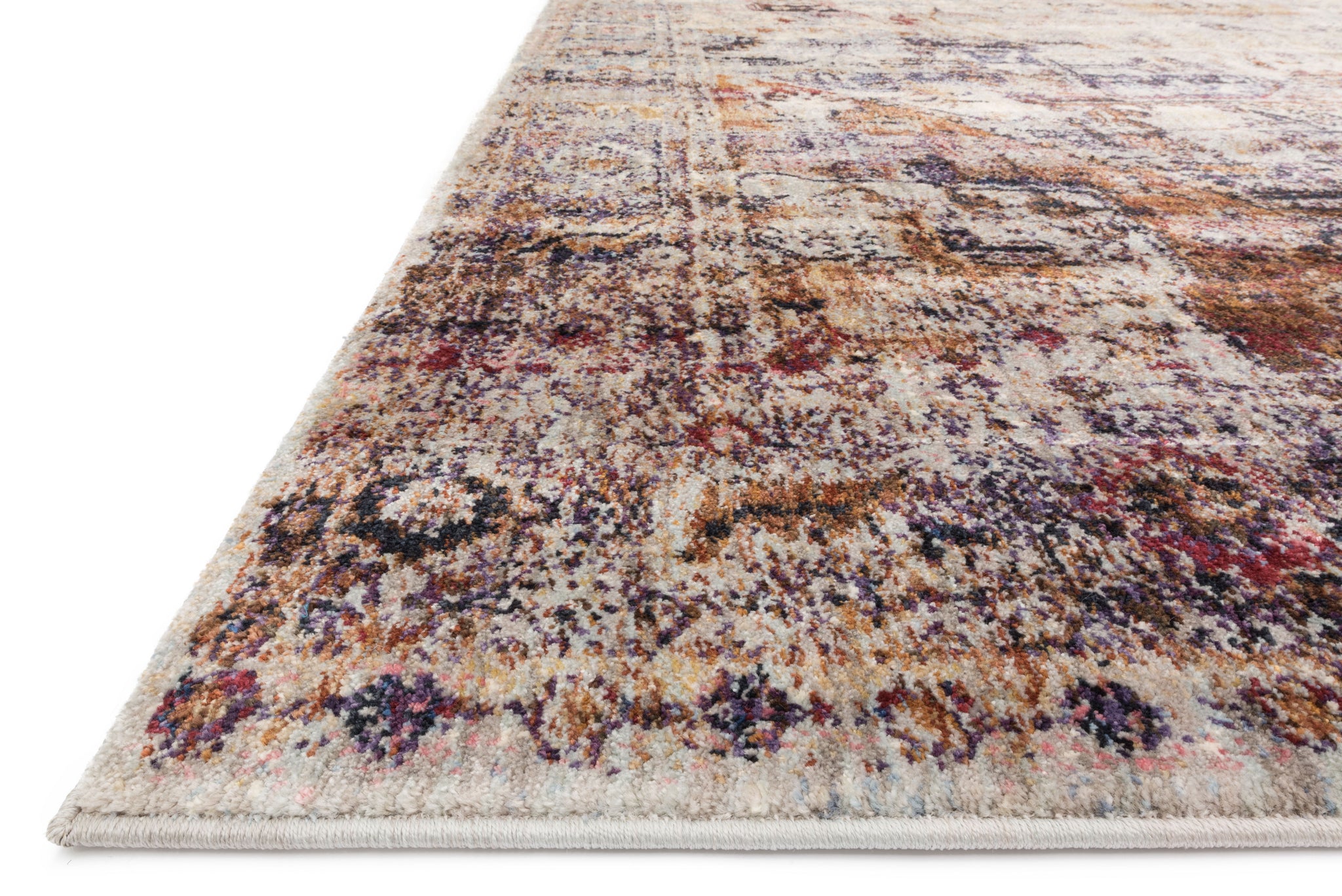 Side view of the Anastasia Slate / Multi rug.