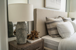 Artifact Table Lamp 17.25" styled in a curated console for warm, layered light at Laurie Yapp Home.