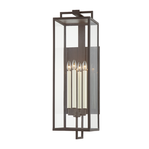 Beckham Exterior Wall Sconce 10" x 34" shown from a second angle to highlight the arm curve and shade silhouette.