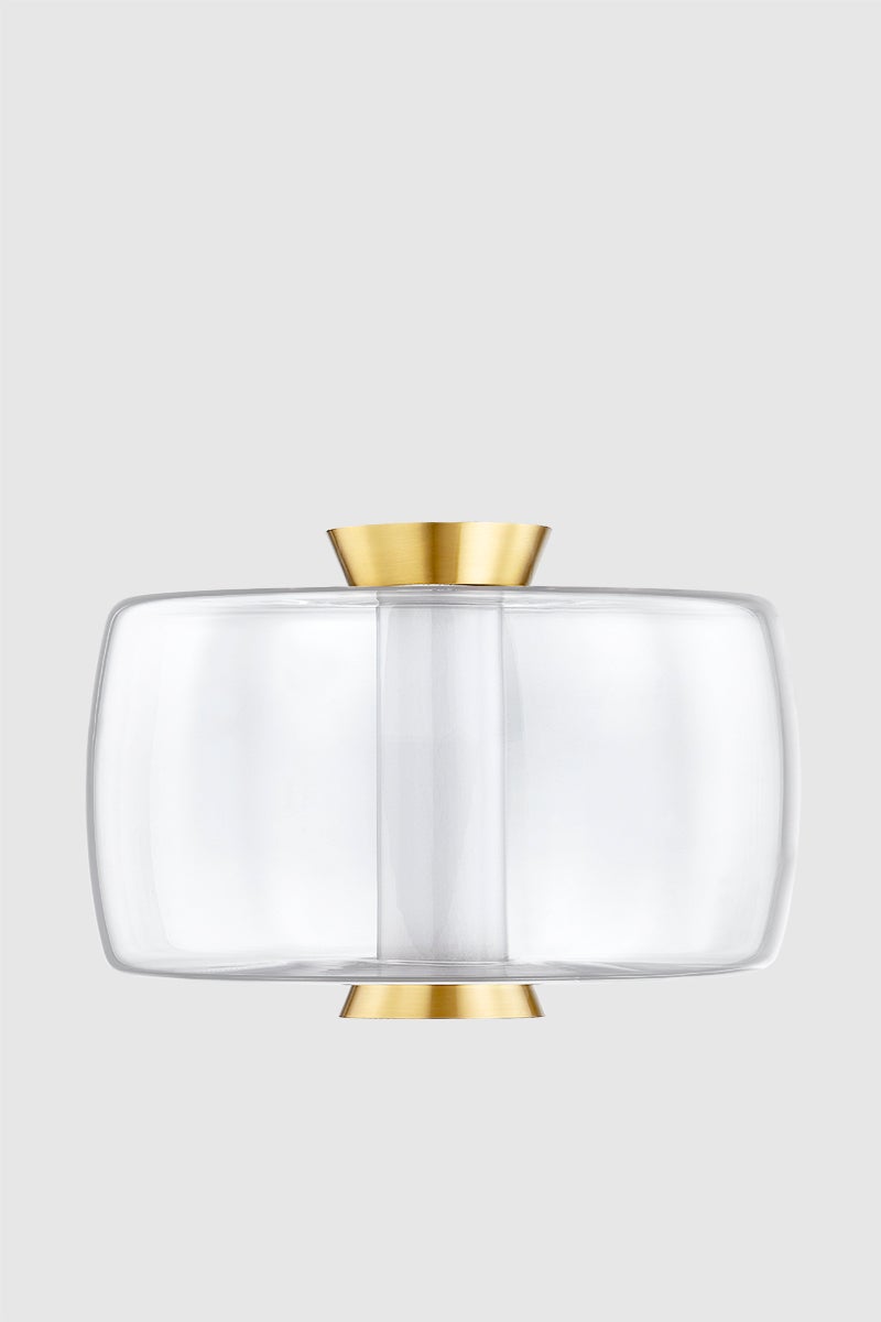 Beau Flush Mount in aged brass shown from a second angle to highlight the shade profile and mounting canopy.