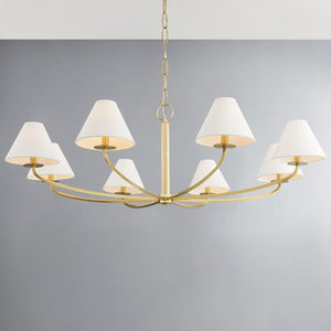 Close-up of the Stacey Chandelier 52.25" in aged brass showing the frame, arms, and shade detail.