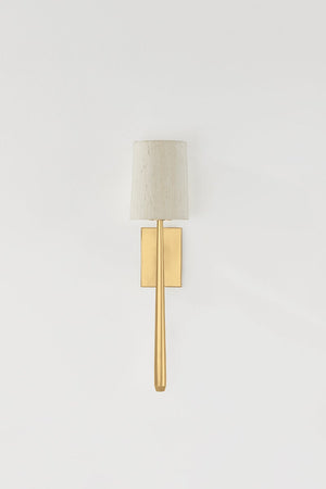Bridgeton Wall Sconce in aged brass shown from a second angle to highlight the arm curve and shade silhouette.