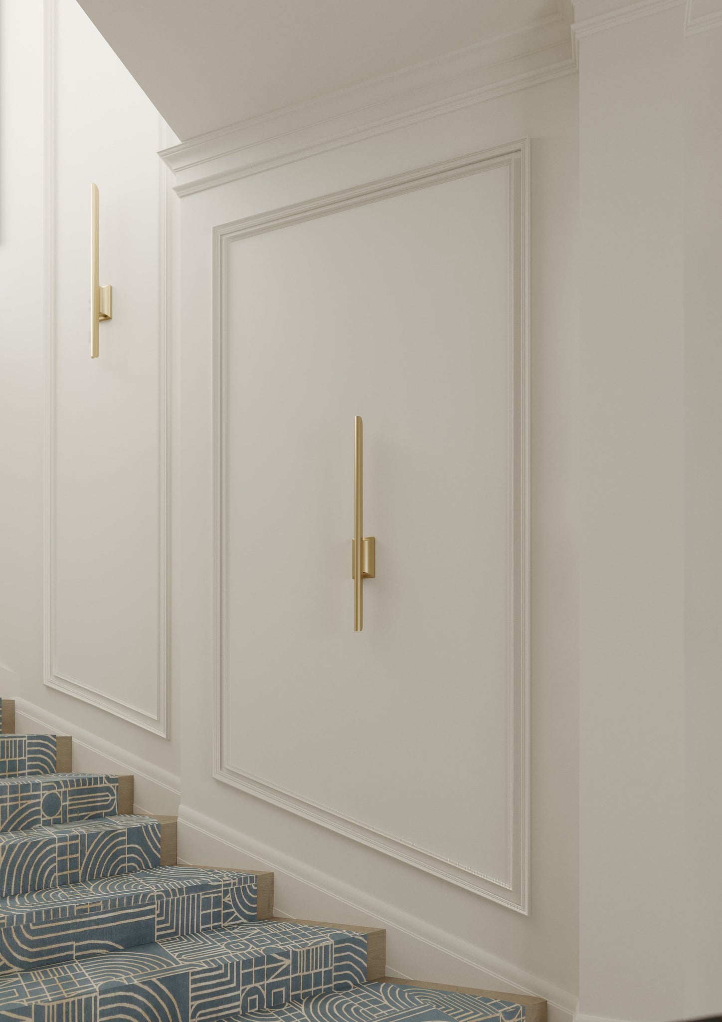 Bernard Wall Sconce in aged brass styled in a warmly lit hallway for warm, layered light at Laurie Yapp Home.