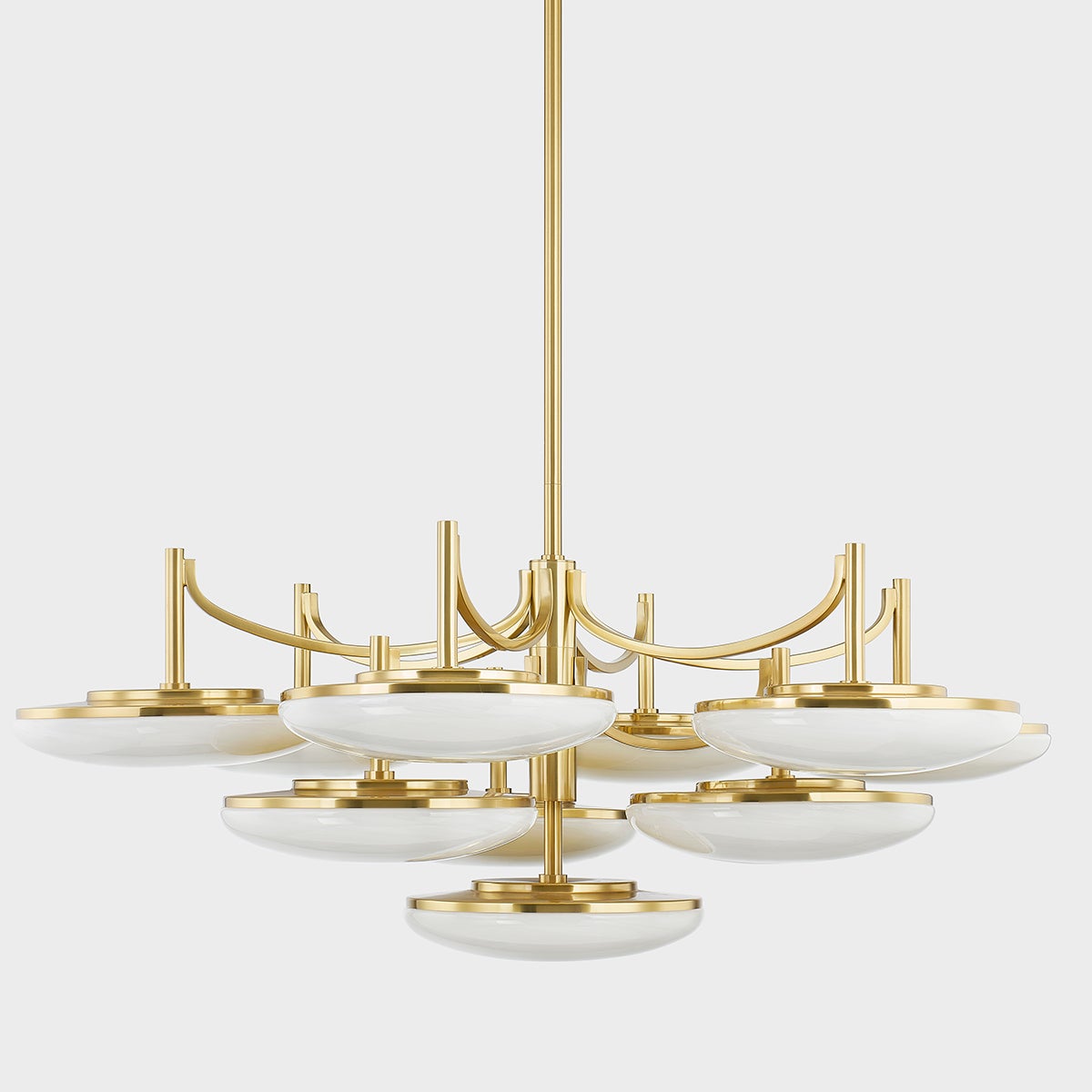Bregman Chandelier in aged brass shown from a second angle to highlight the frame, arms, and shade detail.