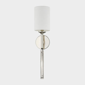 Close-up of the Brewster Wall Sconce in polished nickel showing the arm curve and shade silhouette.
