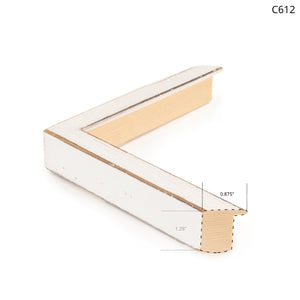 White wooden frame corner with a distressed finish, showcasing a simple and elegant design.
