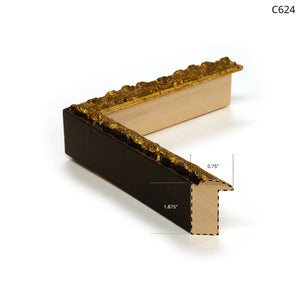 Gold decorative picture frame corner with dark wood and intricate detailing