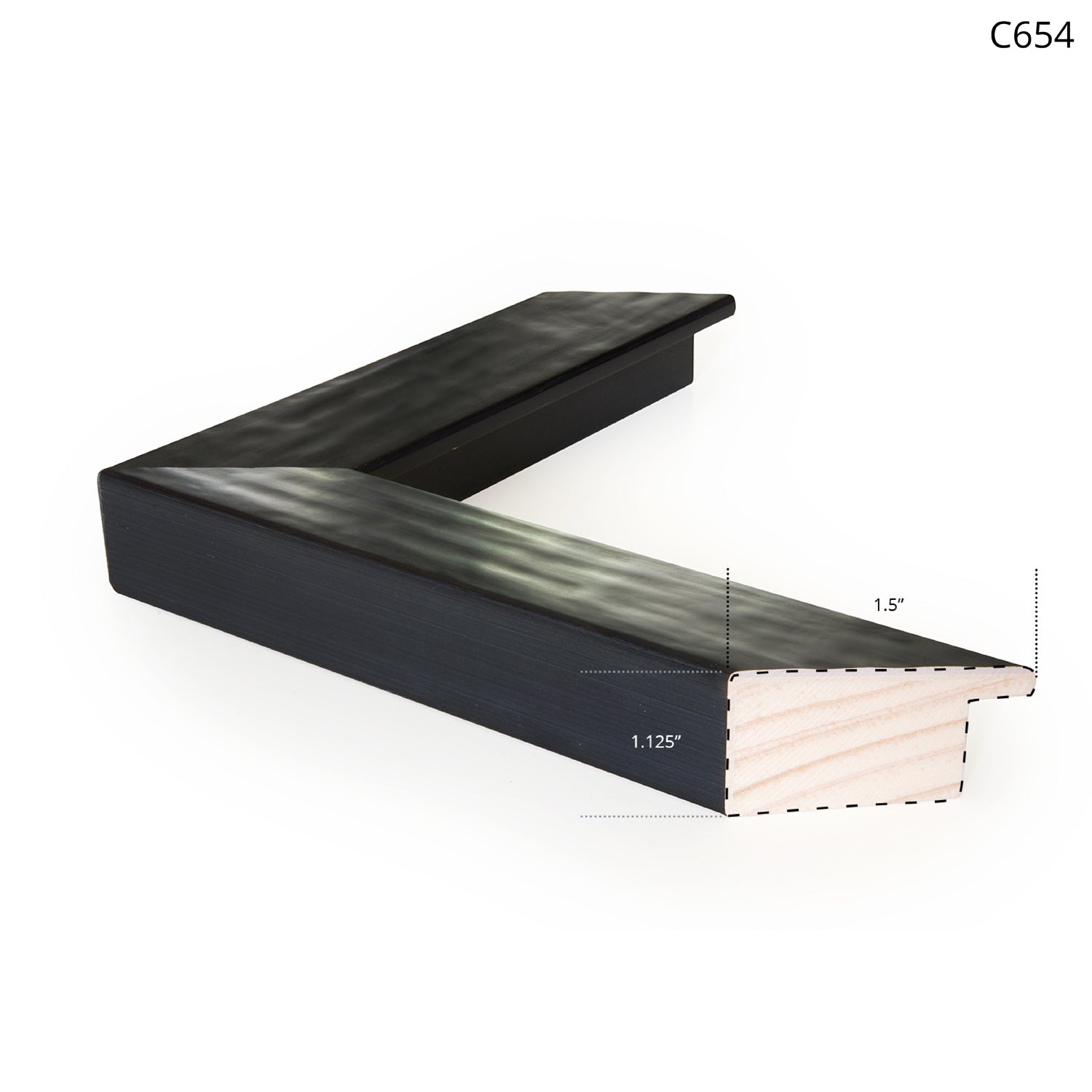 Thick black picture frame with a smooth surface, angled view highlighting the corner detail.