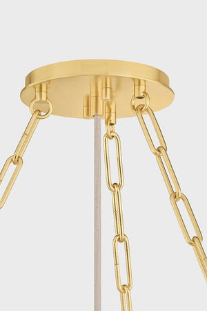Camby Chandelier in aged brass shown from a second angle to highlight the frame, arms, and shade detail.