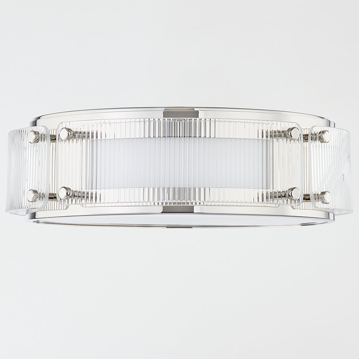 Close-up of the Clifford Flush Mount in polished nickel showing the shade profile and mounting canopy.