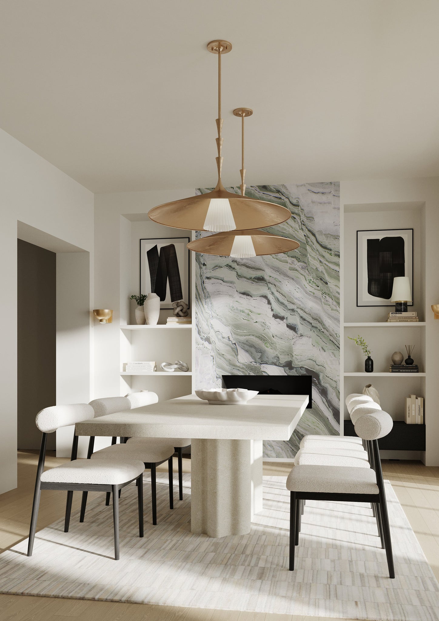 Fairview Wall Sconce in aged brass styled in a warmly lit hallway for warm, layered light at Laurie Yapp Home.