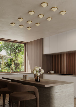 Colmar Flush Mount styled in a bedroom for warm, layered light at Laurie Yapp Home.